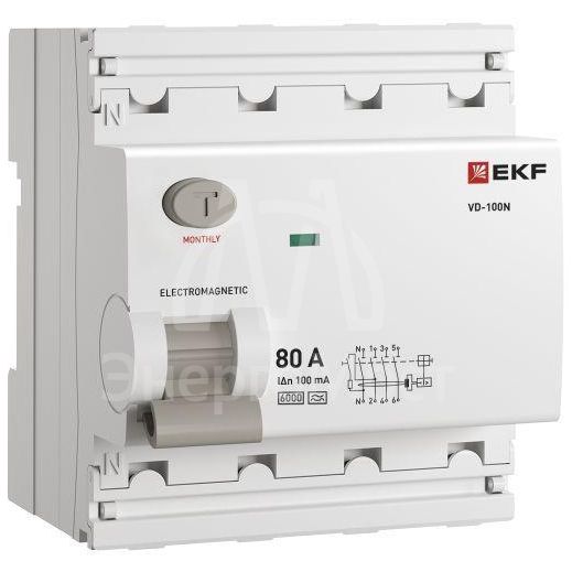 Выключатель дифференциального тока 4п 80А 100мА тип A 6кА ВД-100N электромех. PROxima EKF E1046MA80100