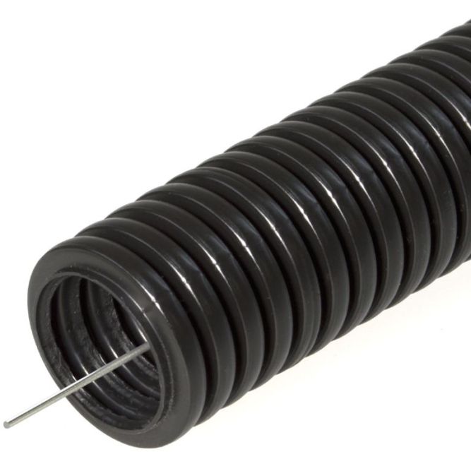 Труба гофрированная ПНД легкая d16мм с протяжкой 350 Н безгалоген. (HF) стойкая к УФ черн. (уп.25м) Промрукав PR02.0121