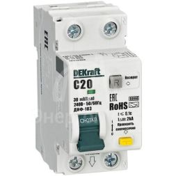 Выключатель автоматический дифференциального тока (АВДТ) 1P+N 20А 30мА AC х-ка C ДИФ-103 6кА DEKraft 16312DEK