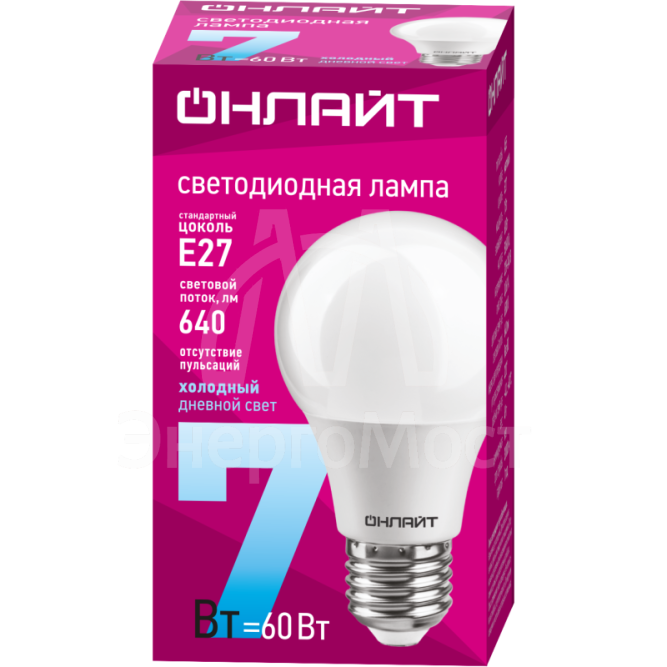 Лампа светодиодная 61 139 OLL-A60-7-230-6.5K-E27 грушевидная 7Вт ОНЛАЙТ 61139
