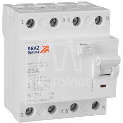 Выключатель дифференциального тока (УЗО) 4п 25А 30мА тип AC 4.5кА OptiDin DM63-4225 УХЛ4 КЭАЗ 343891