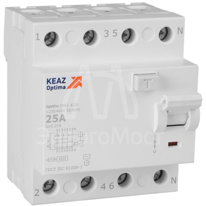Выключатель дифференциального тока (УЗО) 4п 25А 30мА тип AC 4.5кА OptiDin DM63-4225 УХЛ4 КЭАЗ 343891