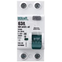 Выключатель дифференциального тока (УЗО) 2п 63А 100мА тип AC 6кА УЗО-03 DEKraft 14219DEK