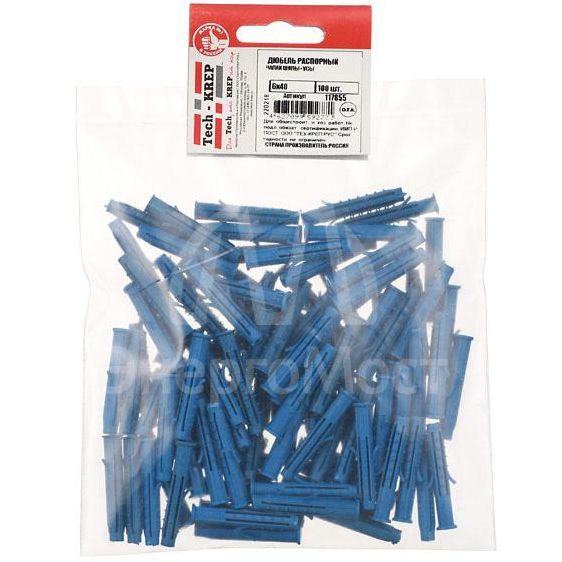 Дюбель распорный Чапай 6х40 шипы+усы полипропилен (уп.100шт) пакет Tech-Krep 117855