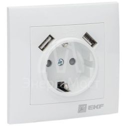 Розетка 1-м СП Валенсия 16А IP20 с заземл. защ. шторки с 2-мя заряд. устройствами USB 2.1А бел. PROxima EKF EWR16-028-10-2USB