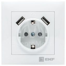 Розетка 1-м СП Валенсия 16А IP20 с заземл. защ. шторки с 2-мя заряд. устройствами USB 2.1А бел. PROxima EKF EWR16-028-10-2USB