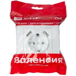 Розетка 1-м СП Валенсия 16А IP20 с заземл. защ. шторки с 2-мя заряд. устройствами USB 2.1А бел. PROxima EKF EWR16-028-10-2USB