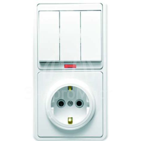 Блок БКВР-054 Бэлла (3-кл. выкл. с подсветкой + розетка с заземл.) бел. Кунцево 5845