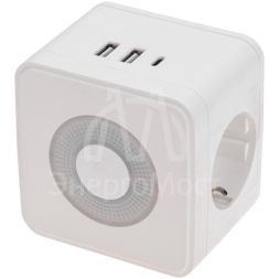 Двойник электрический Куб 16А с/з+2хUSB-A 2.4А+USB Type-C 3А с ночной подсветкой бел. Rexant 11-1251