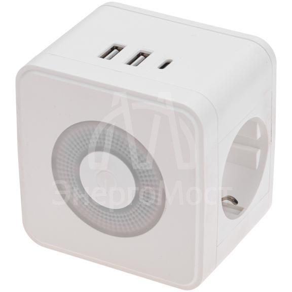 Двойник электрический Куб 16А с/з+2хUSB-A 2.4А+USB Type-C 3А с ночной подсветкой бел. Rexant 11-1251