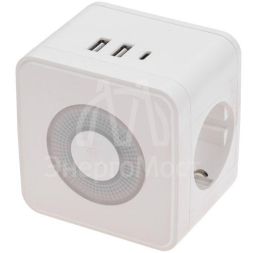 Двойник электрический Куб 16А с/з+2хUSB-A 2.4А+USB Type-C 3А с ночной подсветкой бел. Rexant 11-1251