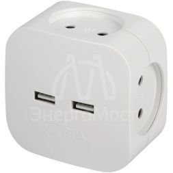 Разветвитель электрический SP-4-USB-W на 4 розетки 220В+ 2xUSB 2400мА без заземл 10А бел. Эра Б0049532