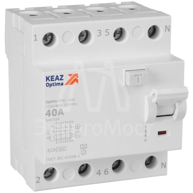 Выключатель дифференциального тока (УЗО) 4п 40А 30мА тип A 4.5кА OptiDin DM63-4240 УХЛ4 КЭАЗ 343916